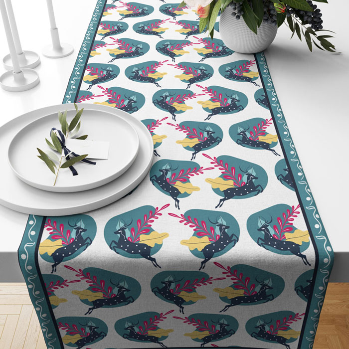 Tropical- Deer/ Blue | Table Runner/ Table Linen | Kitchen Linen