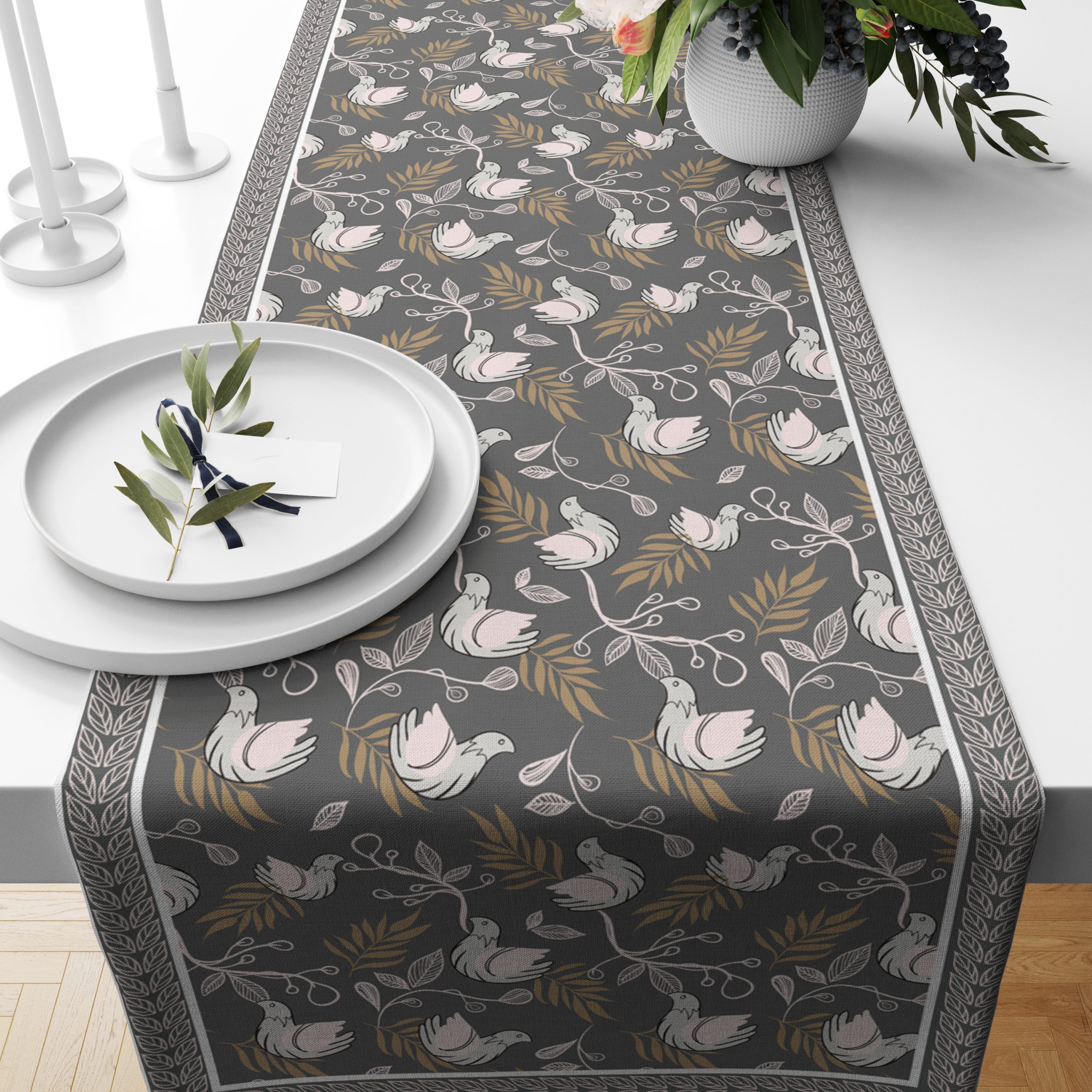 Bloomy Bird- Grey | Premium Quality | Table Runner | Table Linen | Kitchen Linen