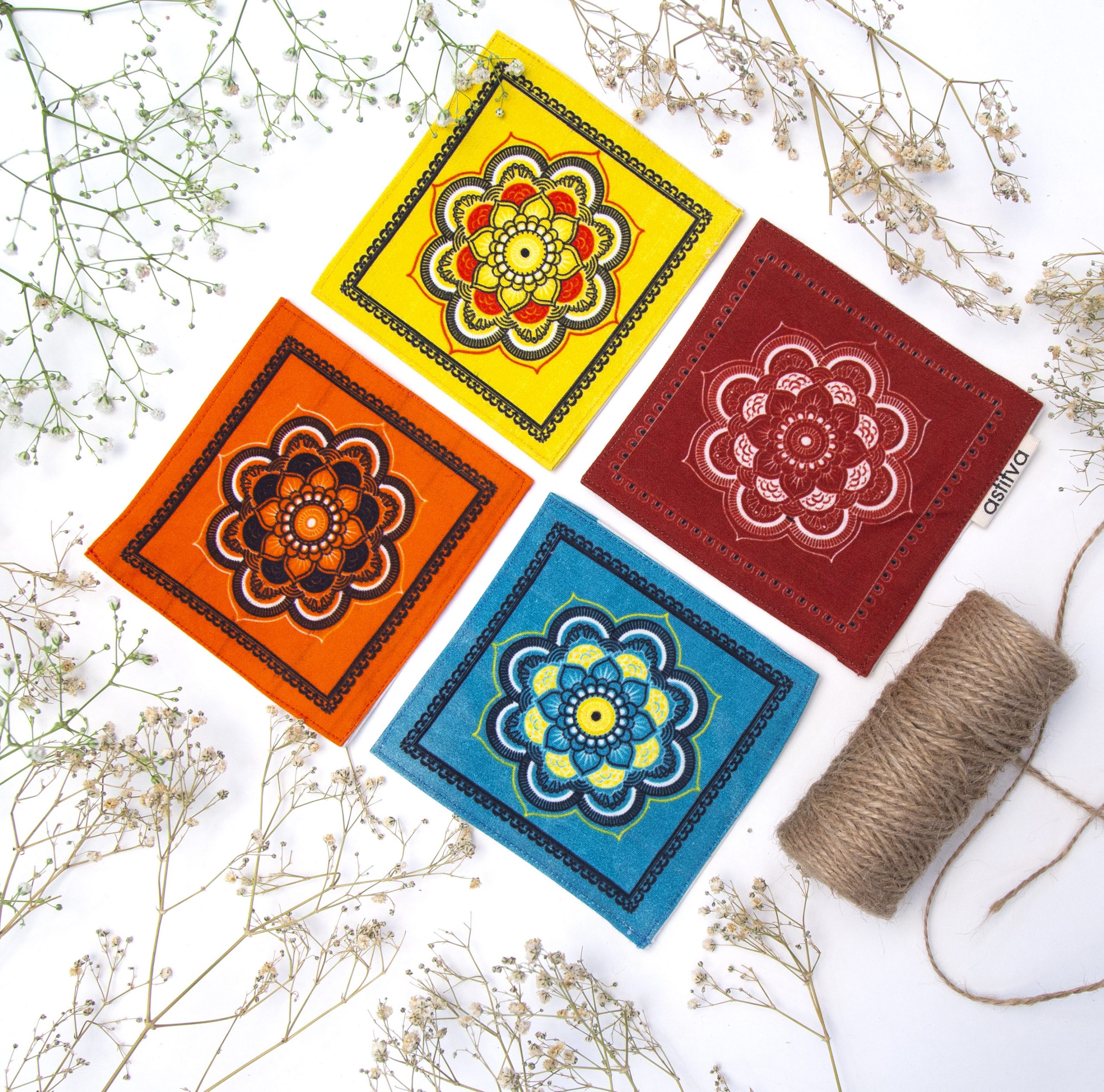 Astitva Cotton Traditional Fabric Coasters, (4.5″ x 4.5″), Set of 4 (STVH_CST_15) | Fabric Coasters