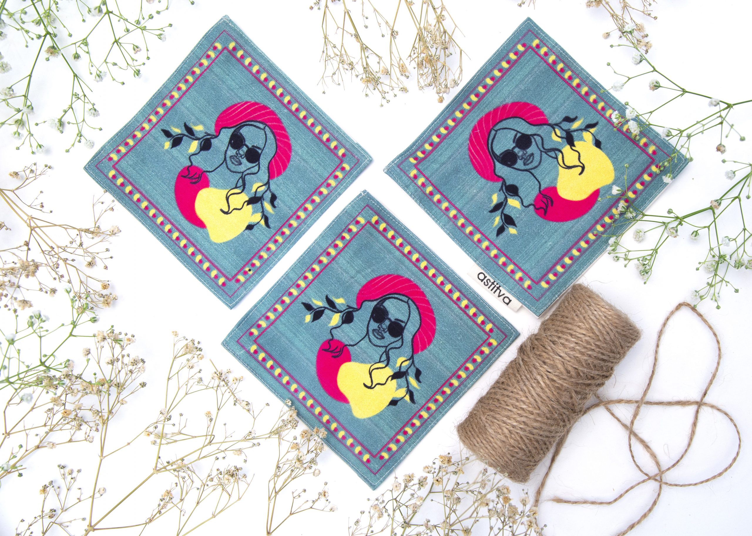 Astitva Cotton Traditional Fabric Coasters, (4.5″ x 4.5″), Set of 4 (STVH_CST_02) | Fabric Coasters