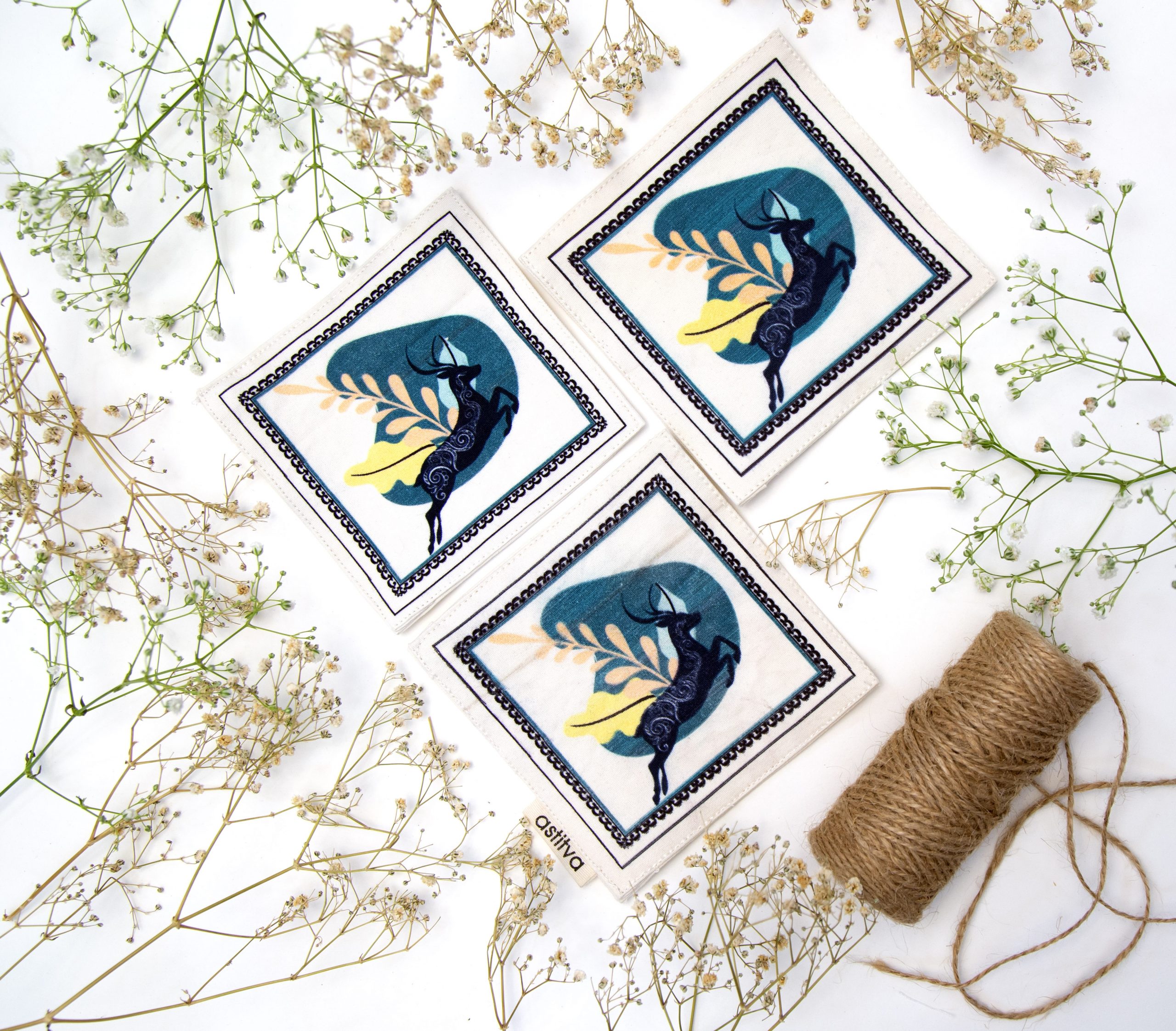 Astitva Cotton Traditional Fabric Coasters, (4.5″ x 4.5″), Set of 4 (STVH_CST_09) | Fabric Coasters