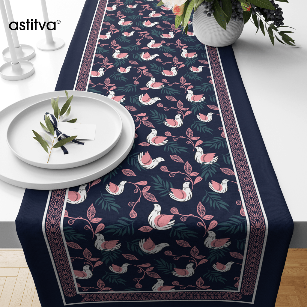 Bloomy Bird Blue | Premium Quality | Table Runner/ Table Linen | Kitchen Linen