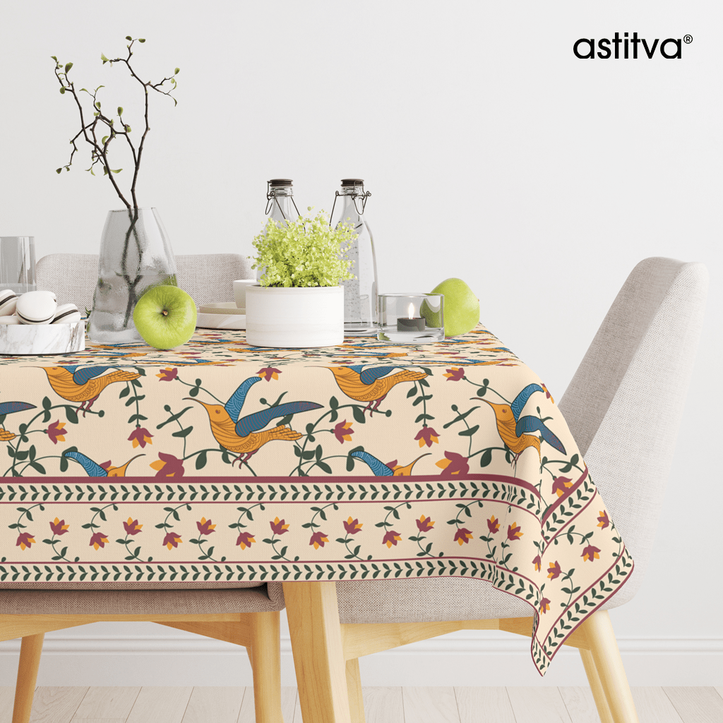 Earthy Song Bird | Premium Quality | Table Cloth | 6 seater Dining Table Cloth