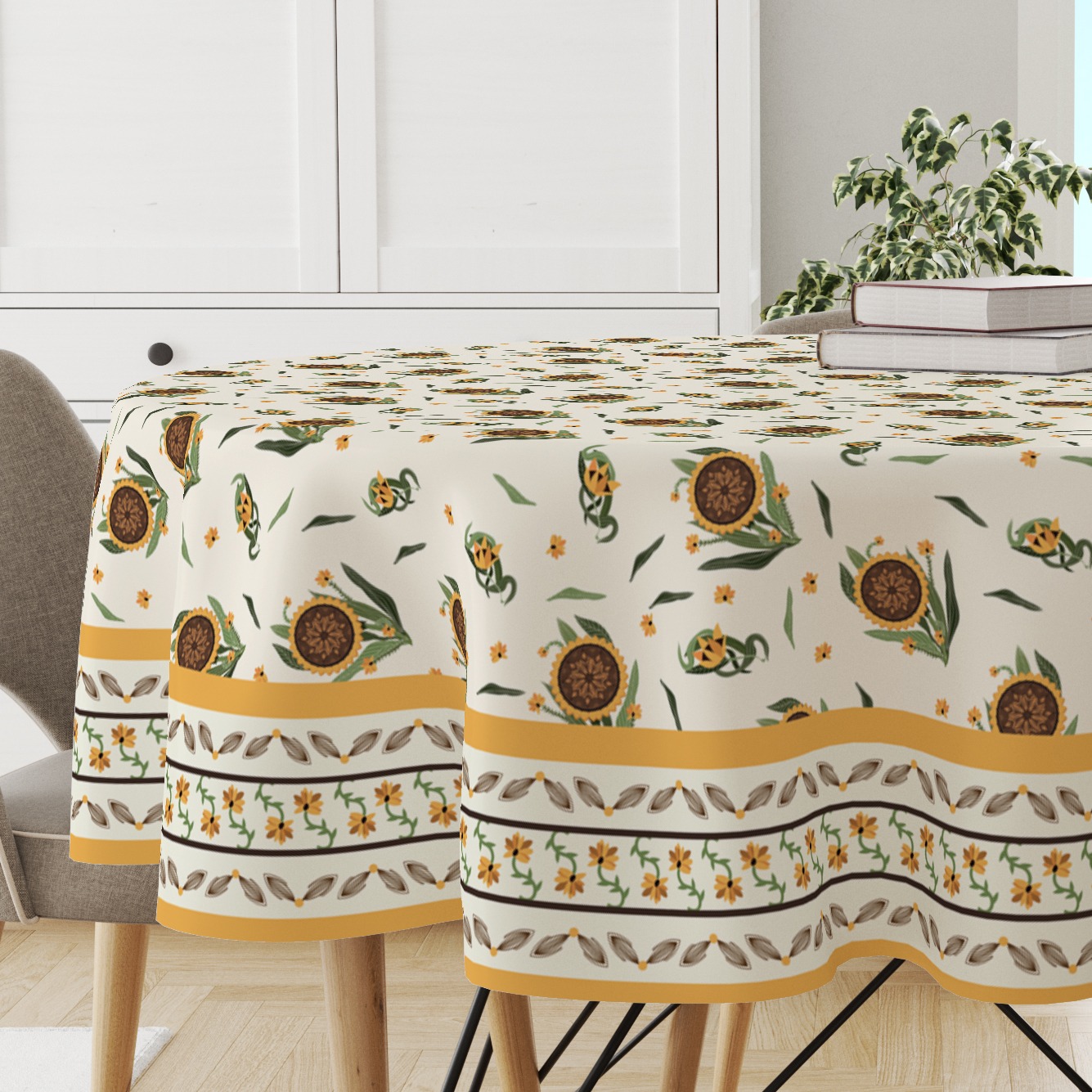 Astitva Premium Cotton 60 Inch Circular Table Cloth | Sunflower Print Round 4 Seater Table Cover with Designed Border | (60In Diameter)