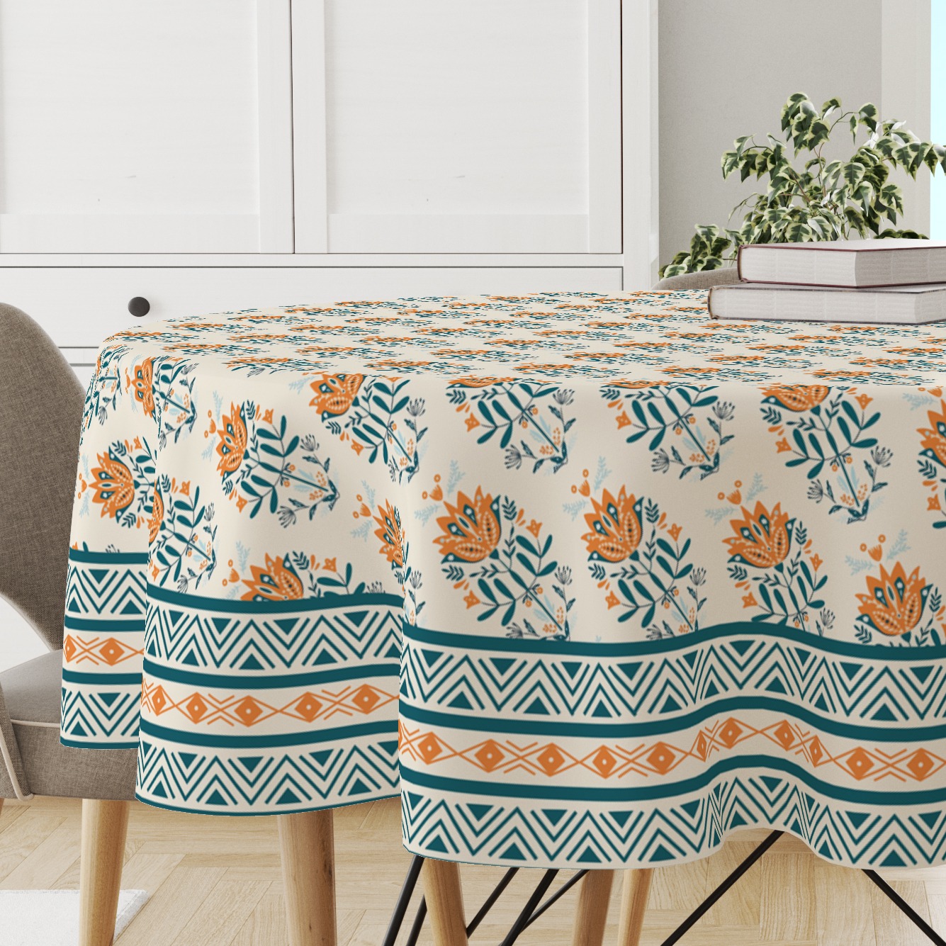 Astitva Premium Cotton 60 Inch Circular Table Cloth | Blue Block Print Round 4 Seater Table Cover with Designed Border | (60In Dia)