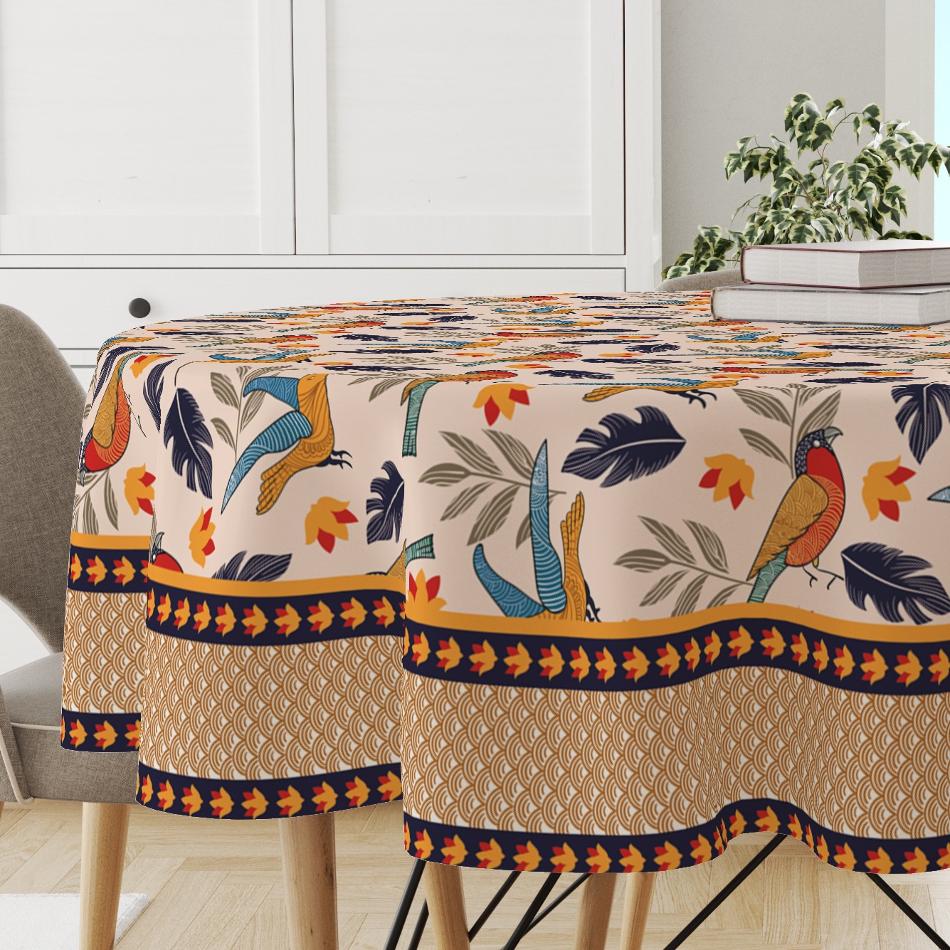 Astitva Premium Cotton 60 Inch Circular Table Cloth | Chirpy Bird Round 4 Seater Table Cover with Designed Border | (60In Dia)