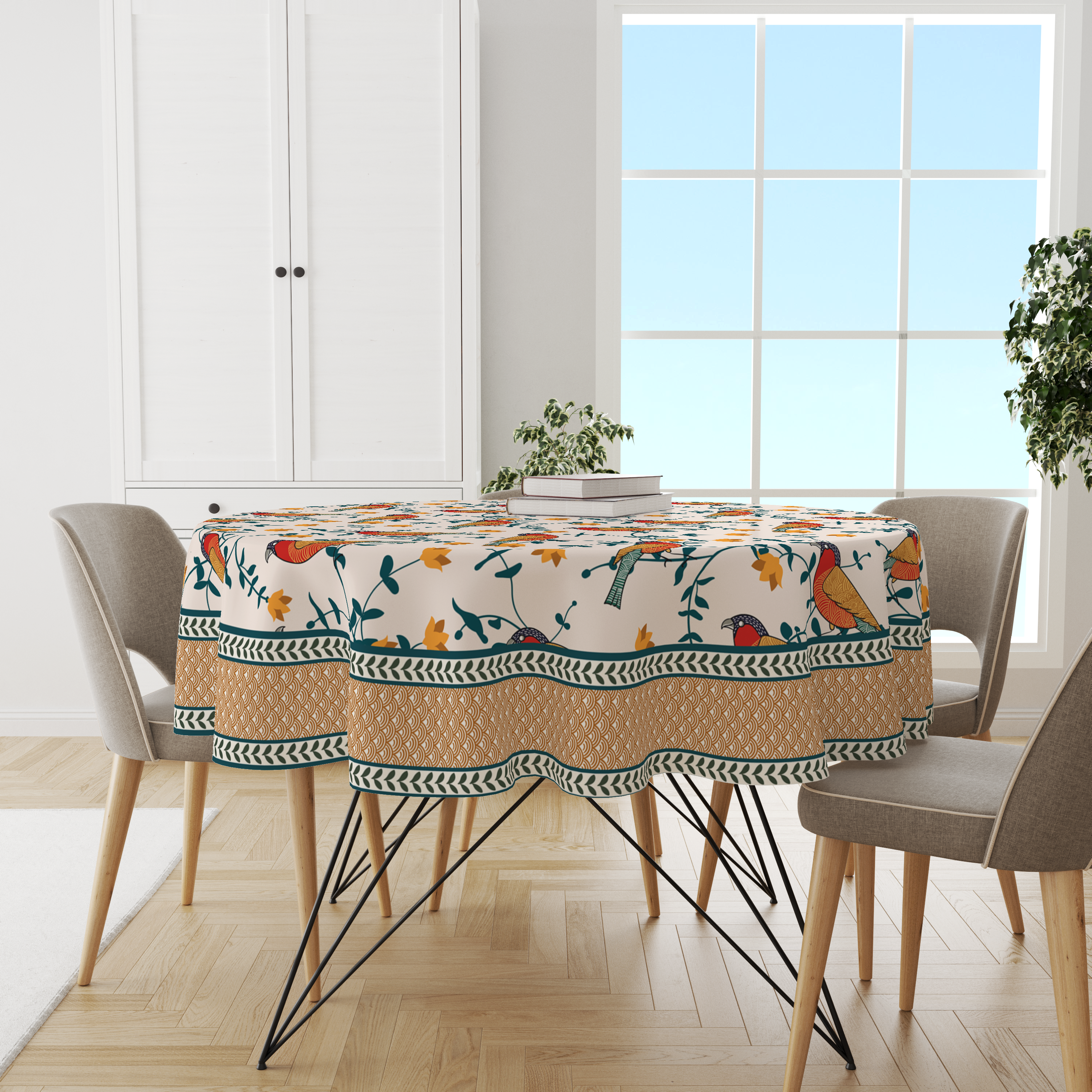 Astitva Premium Cotton 60 Inch Circular Table Cloth | Birds Land Round 4 Seater Table Cover with Designed Border | (60In Diameter)