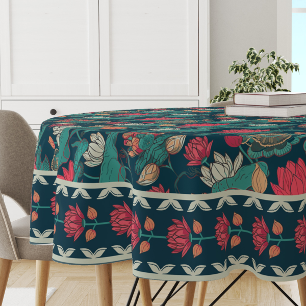 Lotus Blues | Premium Quality | Table Cloth/ Table Linen | Kitchen Linen